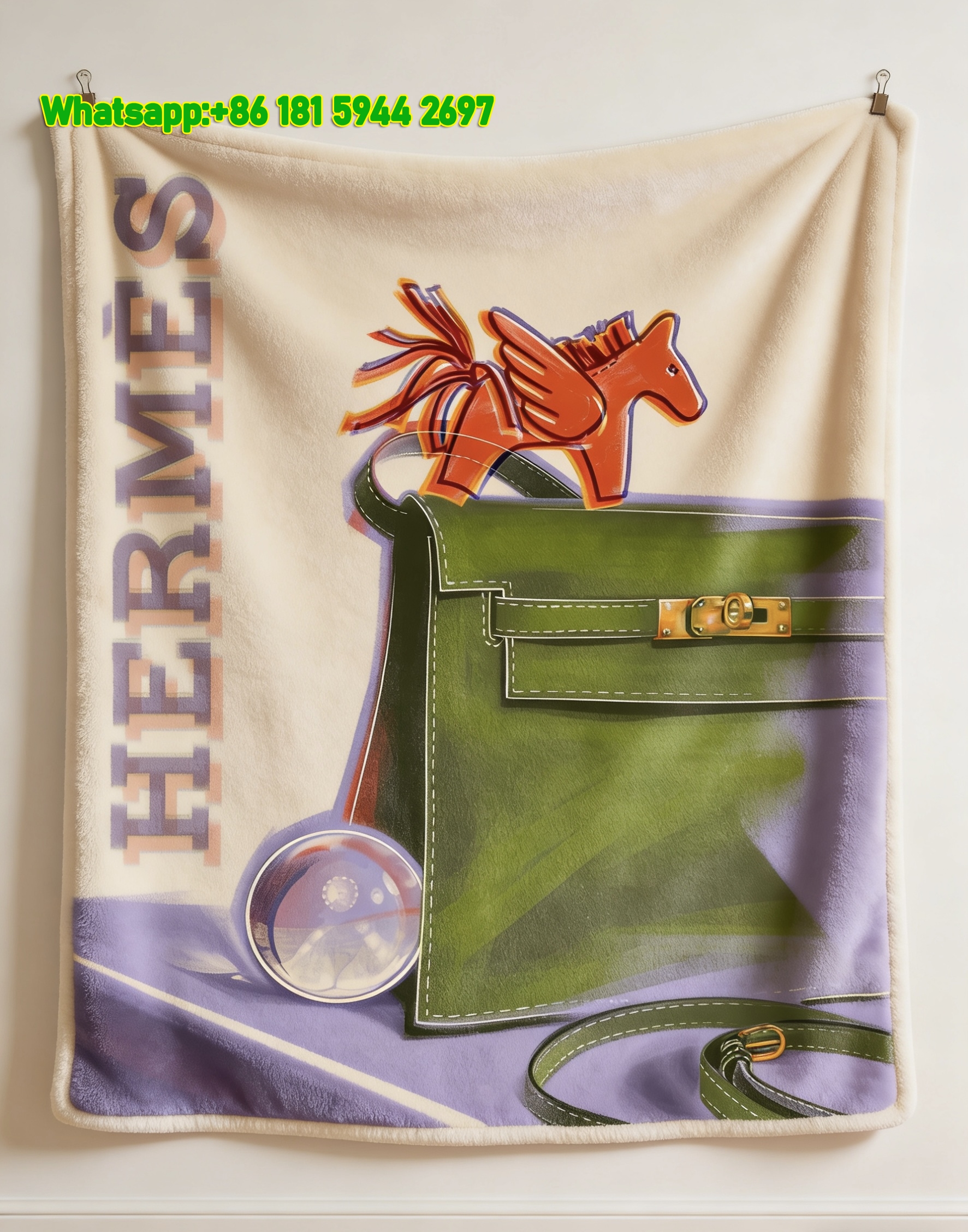 Hermes Green Designer Bag & Red Pegasus Flannel Throw Blanket IMG_5477